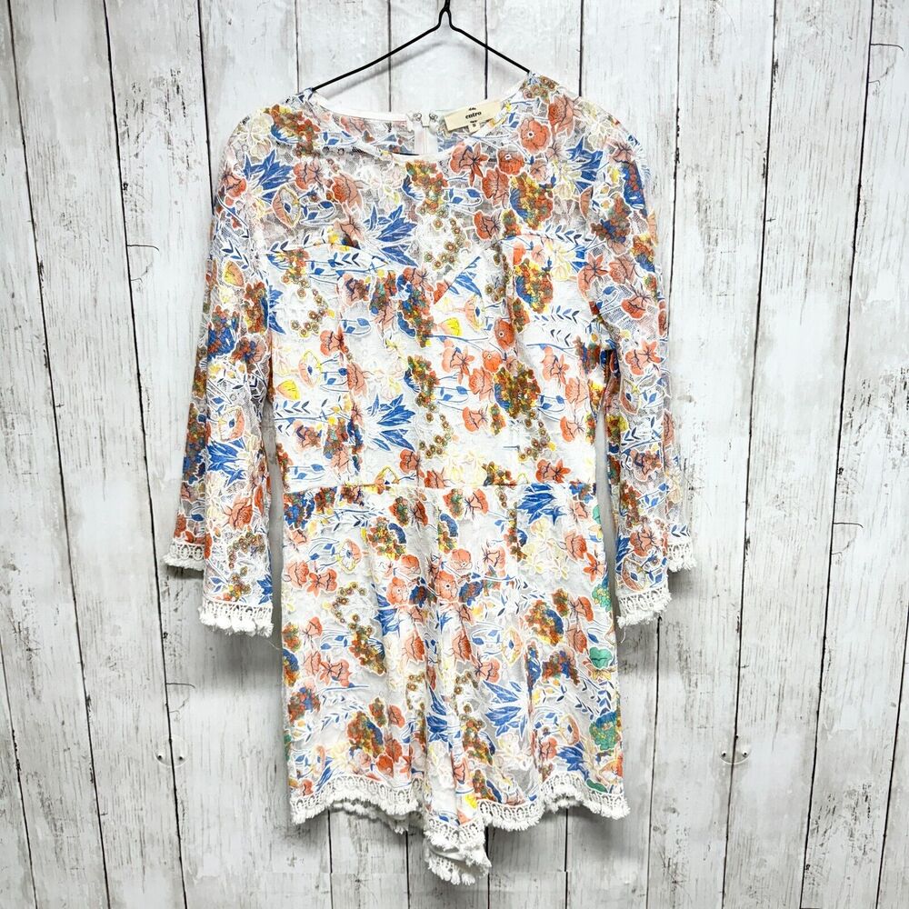 Entro Romper Women S White Floral Fit & Flare Ruffle Short Bell Sleeve Lace Trim